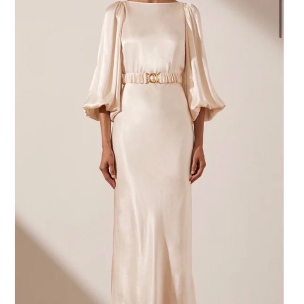 Shona Joy La Balune Elegant Cream Satin Slip Dress with Long Bishop Sleeves